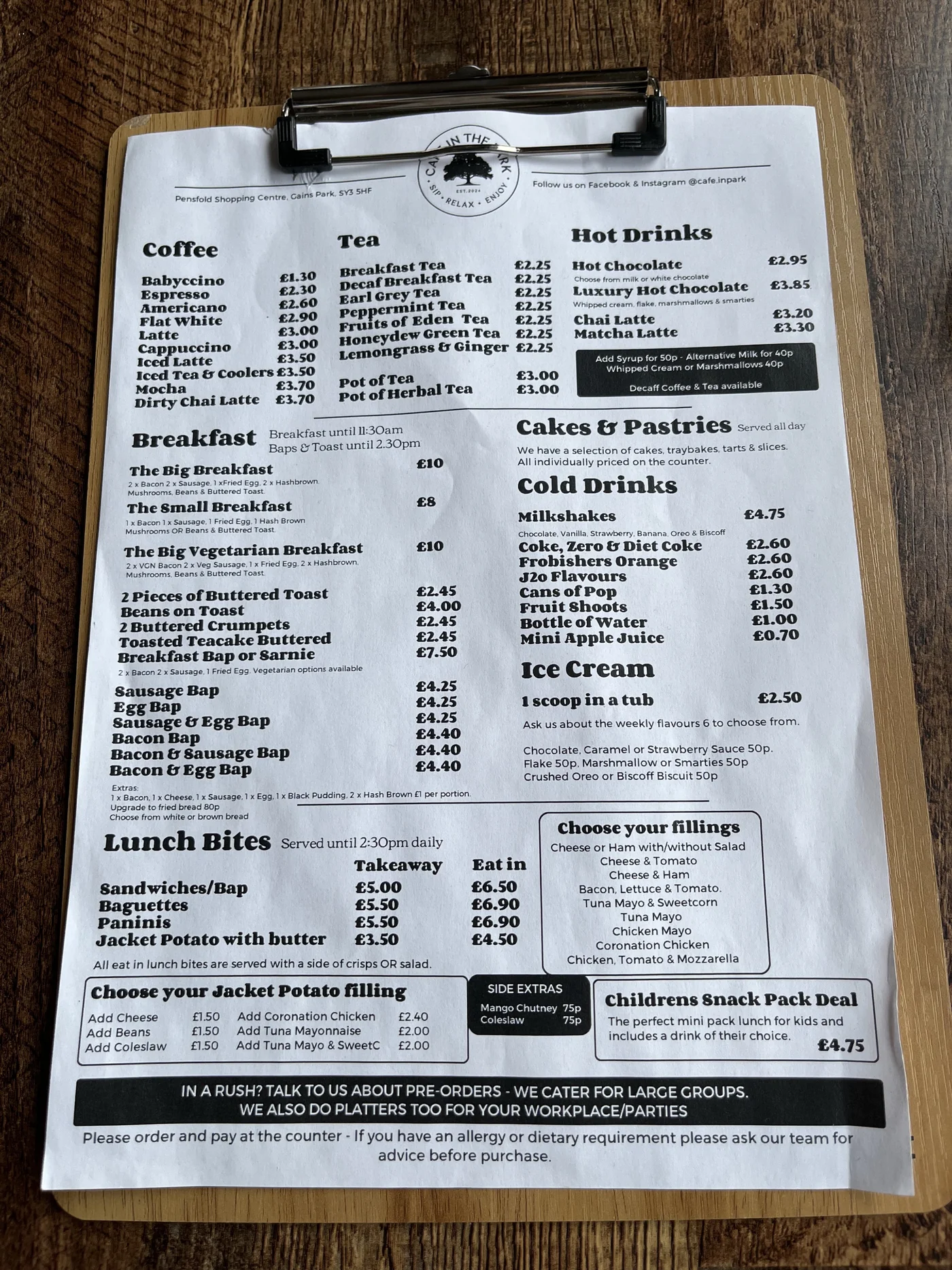 Cafe in the Park full printed menu