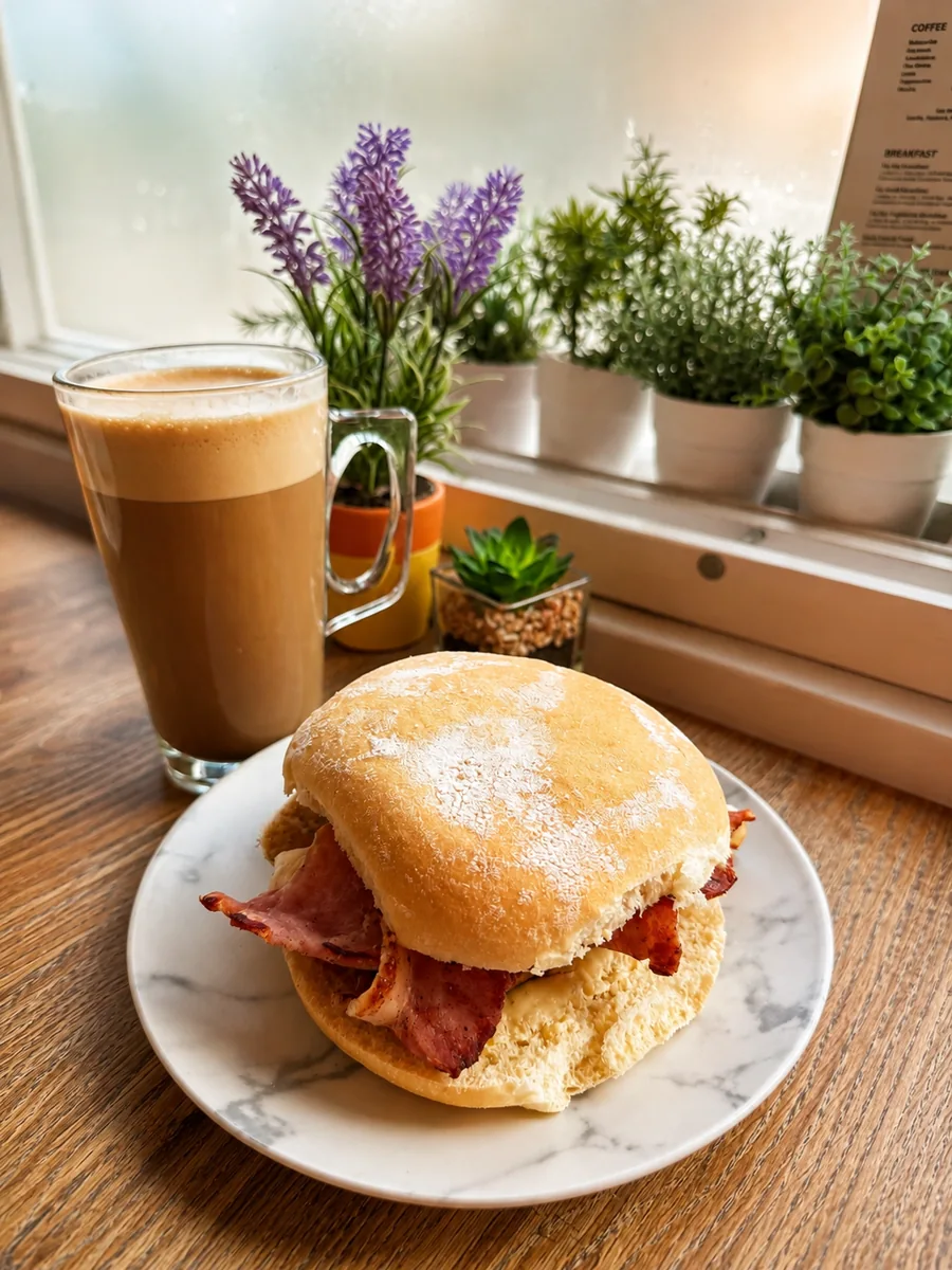 A bacon bap and coffee served at Cafe in the Park
