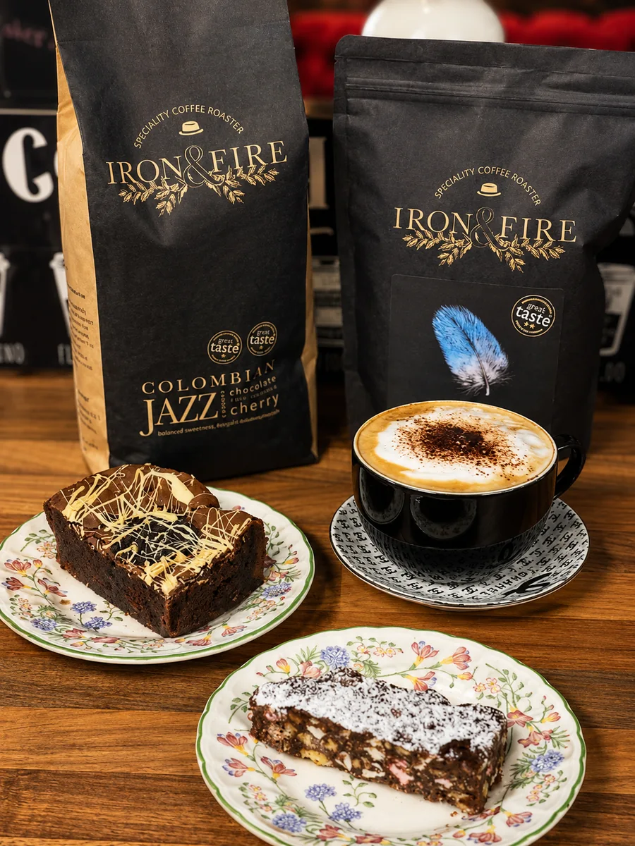 Coffee and homemade cakes served on a wooden table