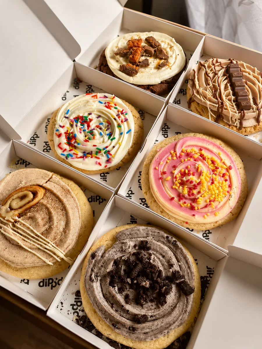 A box of colourful decorated cookies