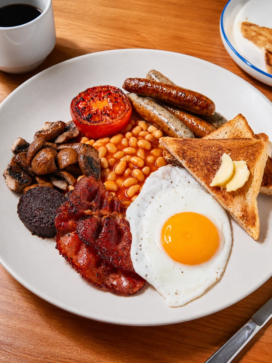 A full English breakfast with egg, bacon, sausages, beans, mushrooms, tomato and toast
