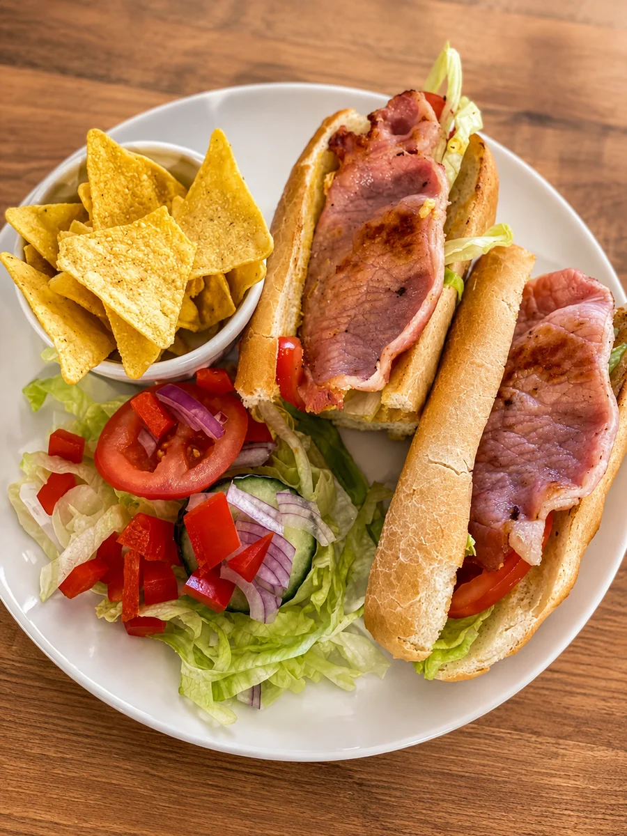 A freshly made filled bap served on a plate